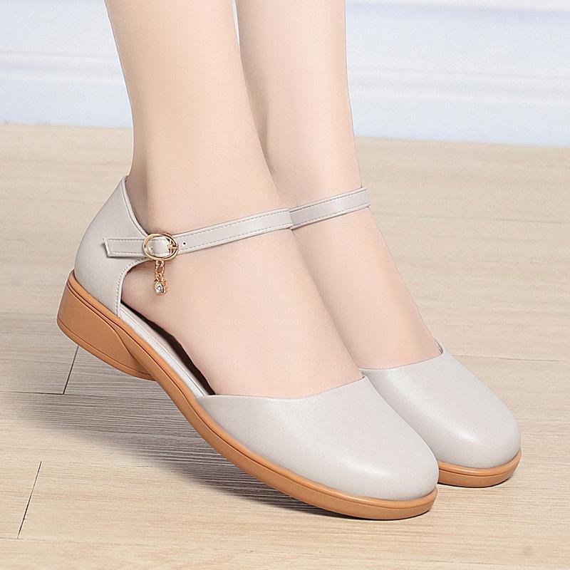 Thick Heel Summer New Fashion Soft Leather Mother Round Hollow Women's Shoes Girl