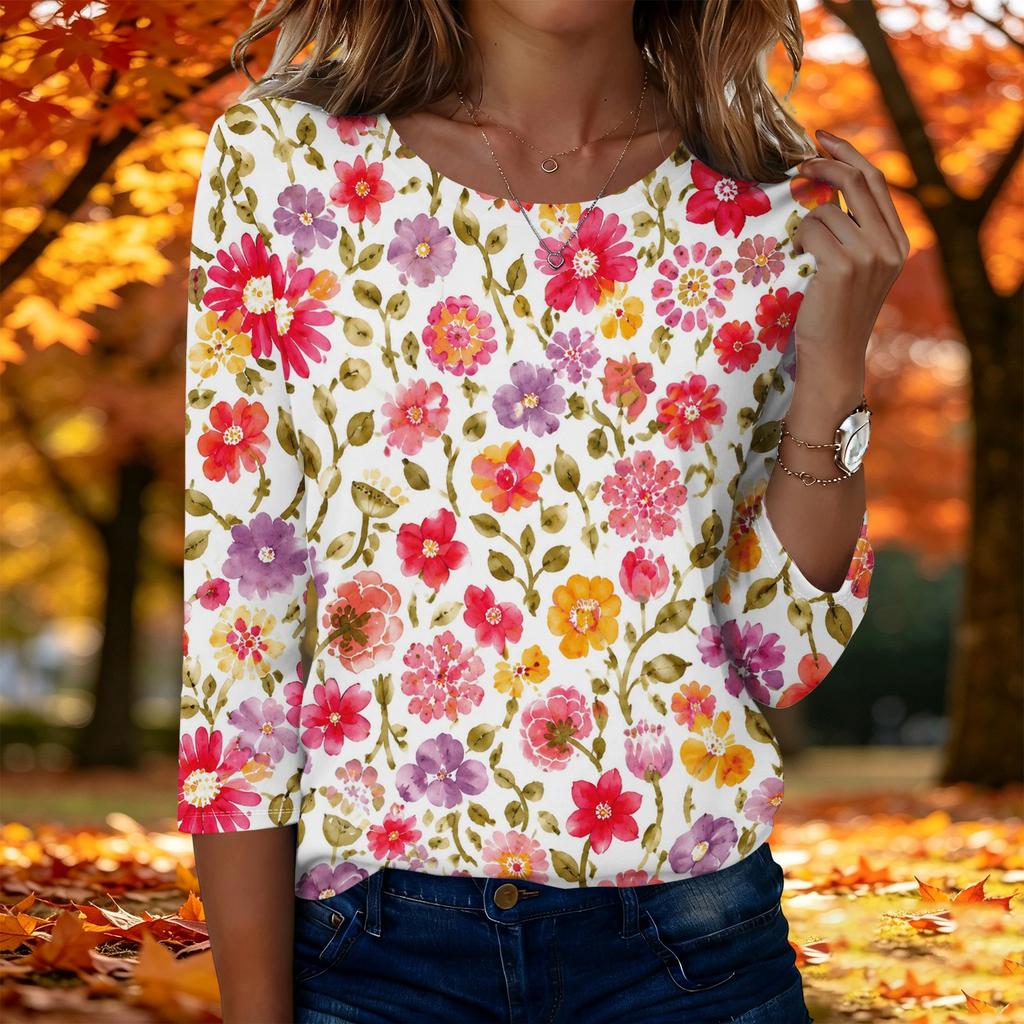 Top da donna casual alla moda a maniche a tre quarti con stampa floreale e girocollo