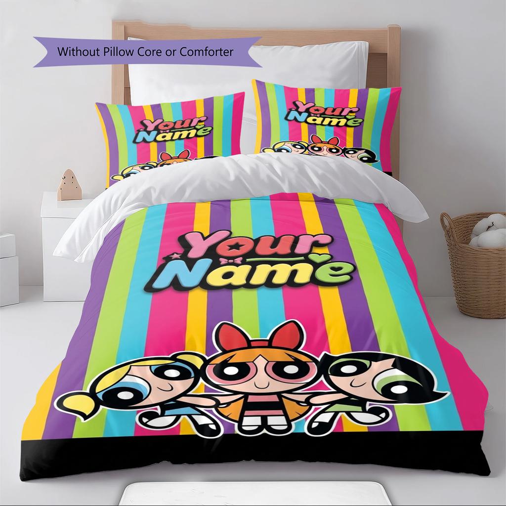 Name Custom Cartoon Powerpuff Pattern Bedding Set Quilt Cover Pillowcase Home Decor Gift (1 * Duvet Cover + 2 * Pillowcase, Without Core)