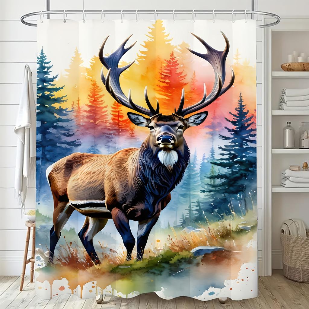 1pc Majestic Elk In Wilderness Art Shower Curtain - Vibrant Forest & River Scene, Digital Print, Polyester, Machine Washable