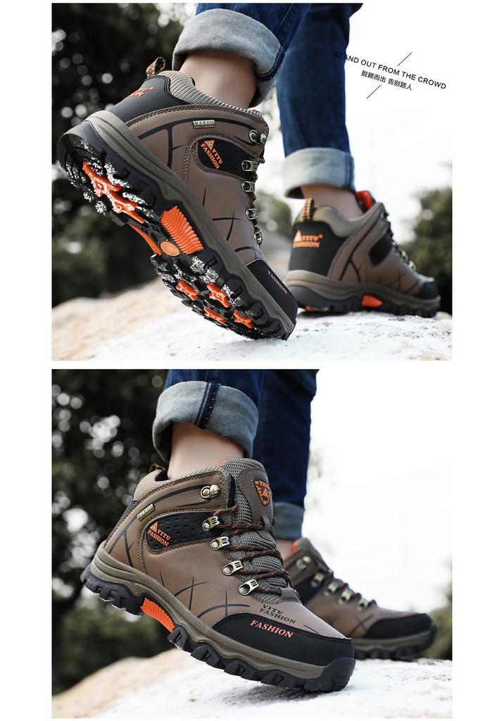 Men's High-Top Waterproof Leather Hiking Boots, Warm, Velvet-Lined, Thick-Sole, Large Size, Autumn/Winter Outdoor Off-Road Footwear.