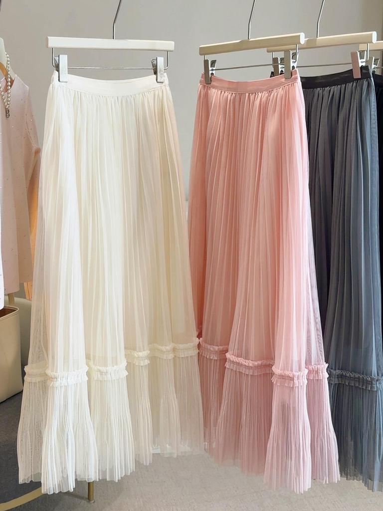 Korean-Inspired Sweet Mesh Skirt for Women - 2026 Spring Collection, Elastic High Waist, A-Line Pleated Design