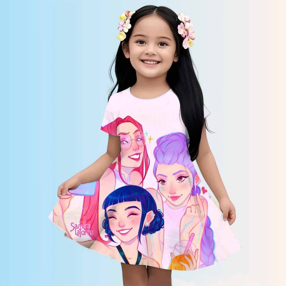 3-14 Year Old Girl KPop Demon Hunters 3d Printed Short Sleeved Dress Loose And Comfortable Party Dress 100-160