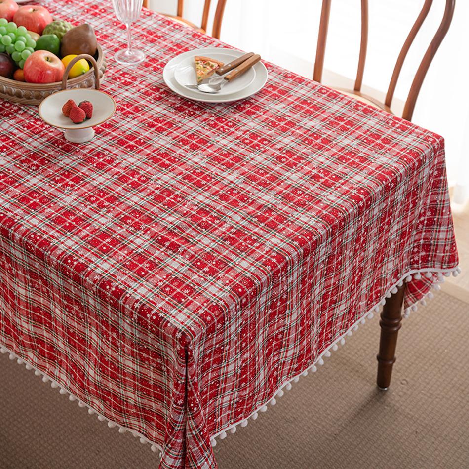 Christmas Red Grid Tablecloth White Snow Ornamental tassel Table Vintage Dining Table Cover For kitchen Party Birthday Decor
