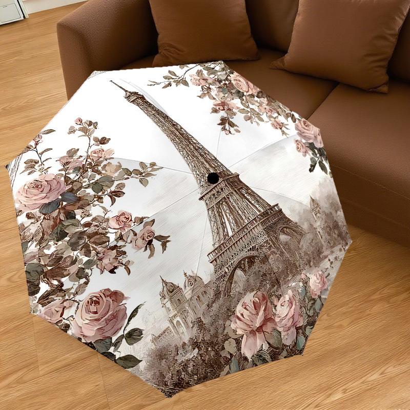 1PC Eiffel Tower Flowers Umbrella-8-Rib Reinforced, Automatic Open, Lightweight & Durable, Cute Fashion Accessory for Outdoor-P2714