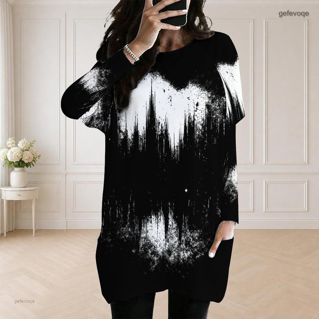 Women Plus Size Round Neck Long Sleeve Loose Black White Printed Longline Tunic With Pockets
