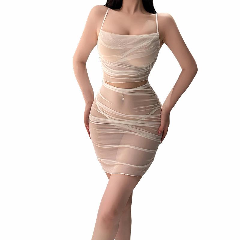 Sexy suspender hip skirt flirting lace hot transparent uniform seduction women's pajamas free set 