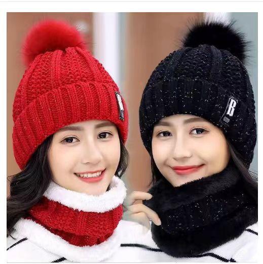 Winter wool hat women thickened scarf mother cycling warm cold knitted ear protection casual versatile letters