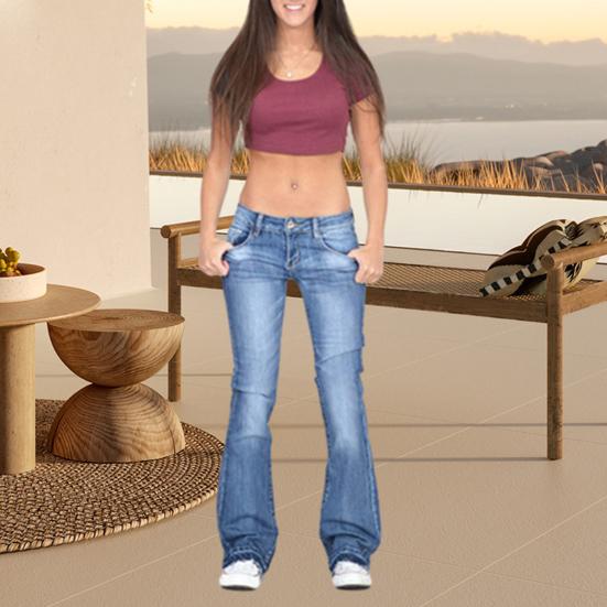 Jeans De Mujer Bolsillos De Cintura Media Cierre De Botón Con Cremallera Elástico Color Degradado Dobladillo Acampanado Retro Slim Fit Colorfast Pantalones Largos De Mujer De Cuerpo Entero