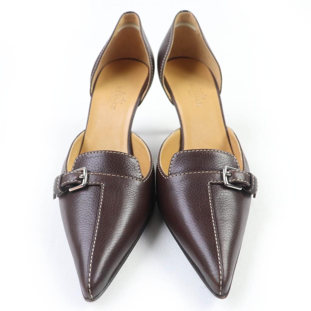 Pristine HERMES pumps Stitched Buckle Design Leather Brown leather Women 36.5 Used