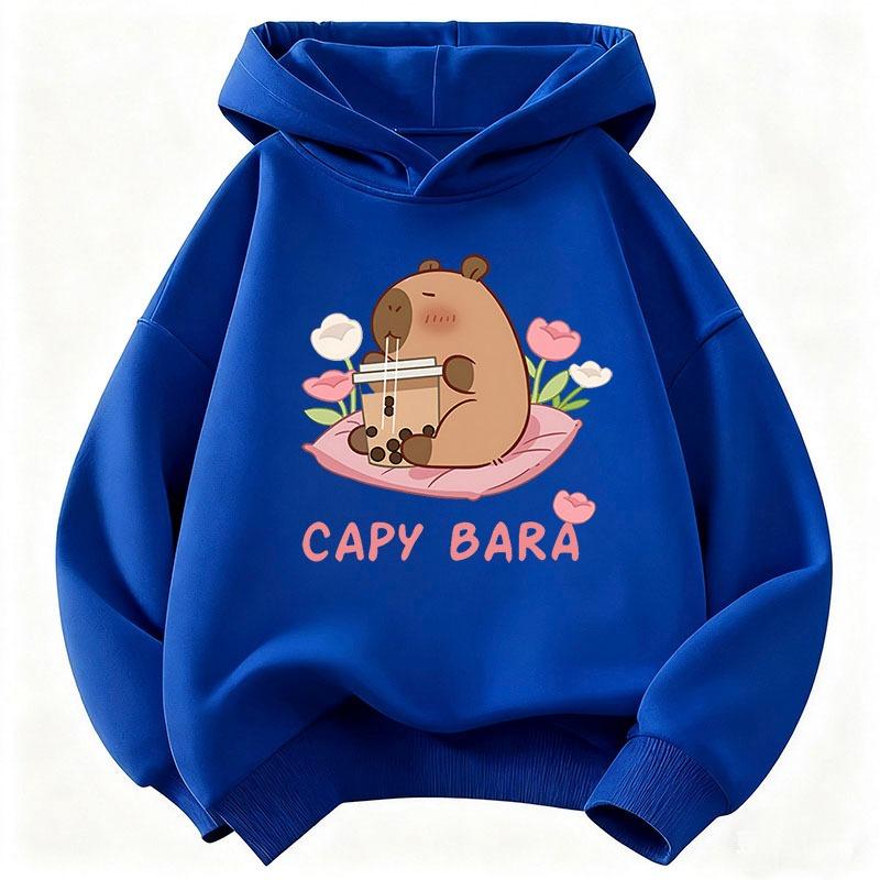 Kawaii Capybara Drinking Juice Hoodie Kids Flower Children's Sweatshirt Hoody for Boys Girls Casual Hoodies Clothes