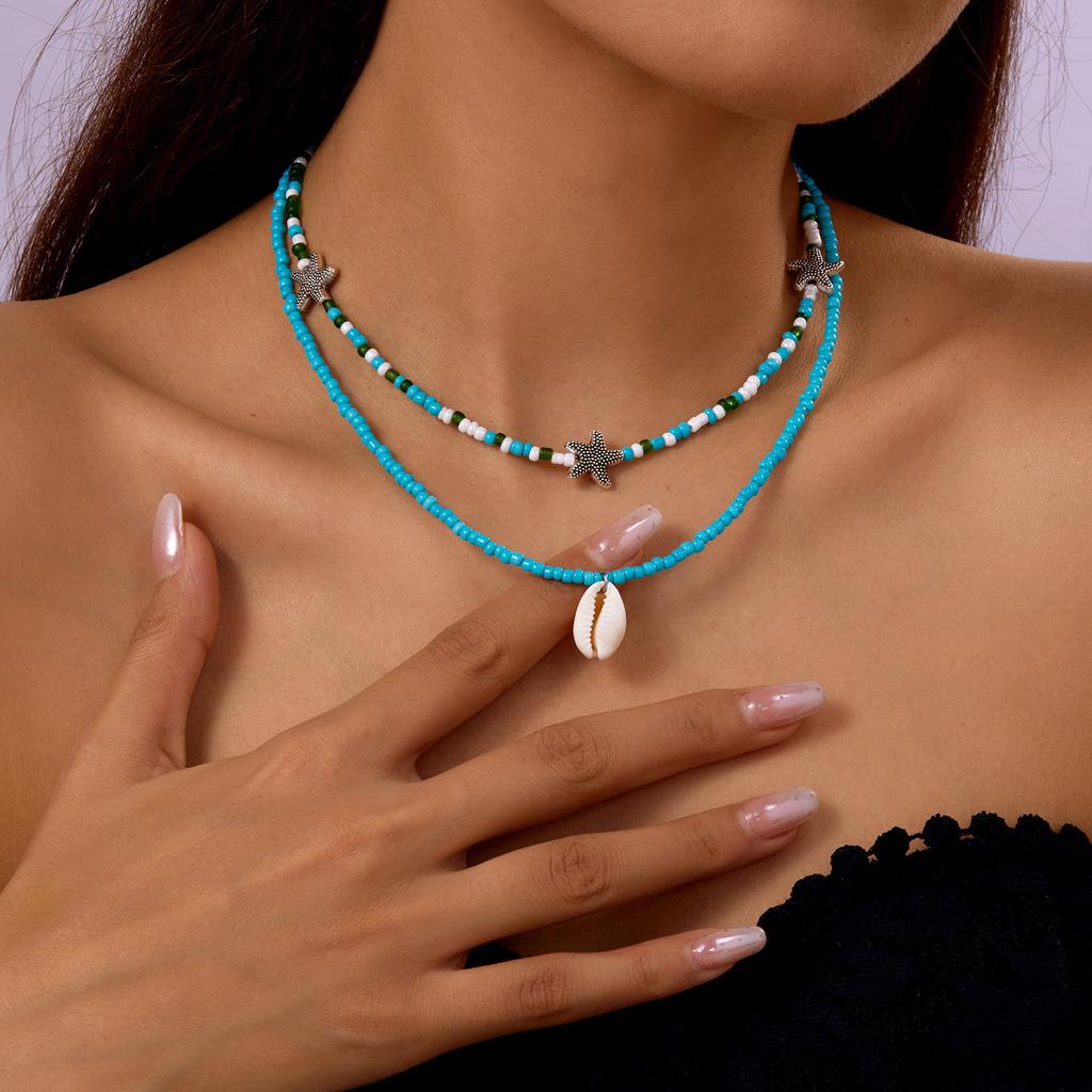 Beach Themed Colorful Shell Pendant Necklace for Women Pearl Star Crossbody Layered Collarbone Chain Jewelry Accessory