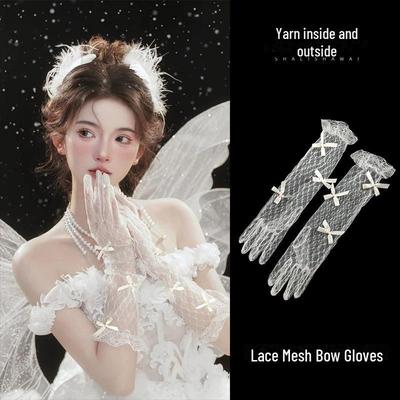 White Lace Flower Mesh Gloves for Bridal Wedding or Party Photos