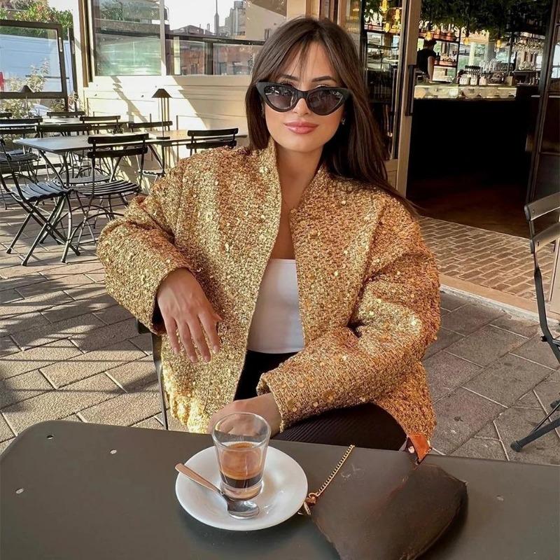 Sequin Women Coat Street Long Sleeve Stand Collar Female Jacket Autumn Loose Single Breasted Lady Outwear