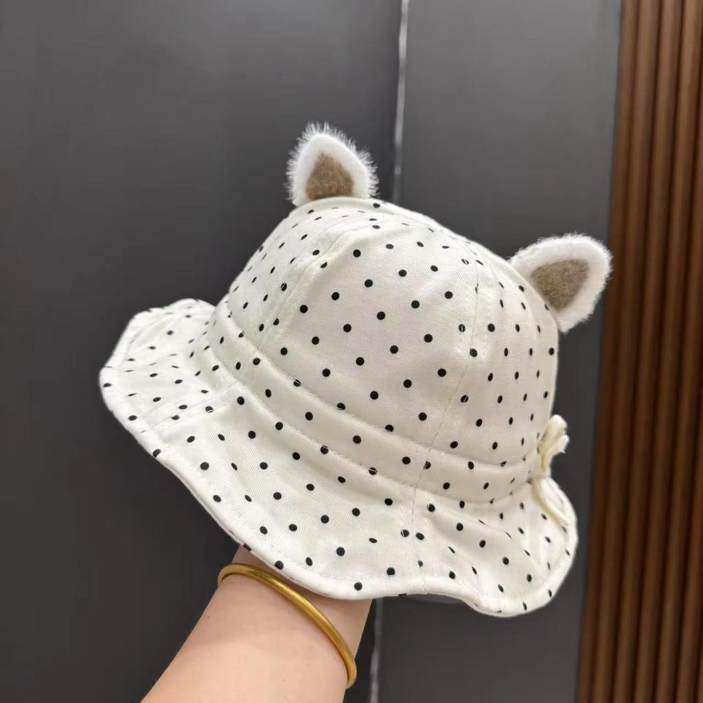 Niedlicher Blumenpunkt Schleifendruck Baby Bucket Hat mit Ohren Sommer Baumwolle Kleinkind Mädchen Fischerhut Outdoor Säugling Sonnenschutz Kappen