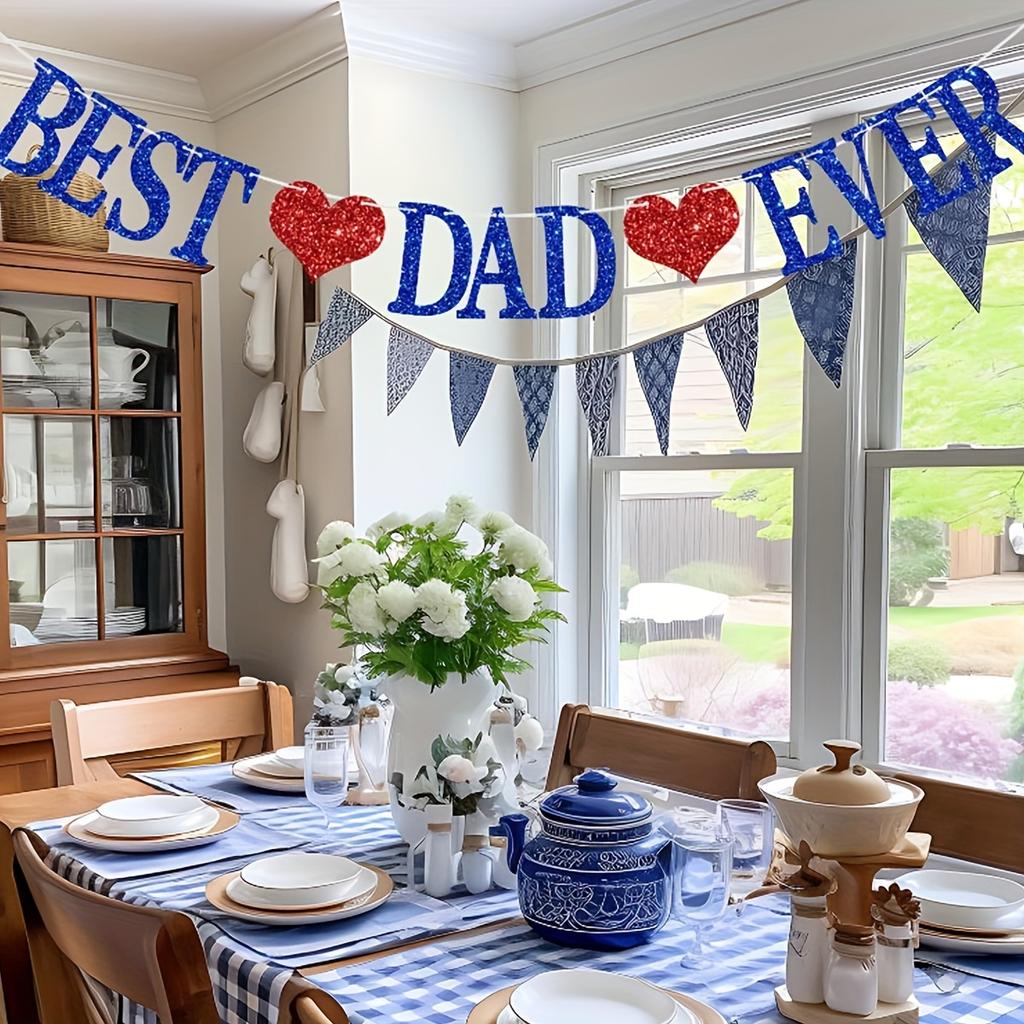 1set Glitter Best Dad Ever Banner Best Dad Heart Party Banner for Birthday Happy Father's Day Party Decor Hanging Garland