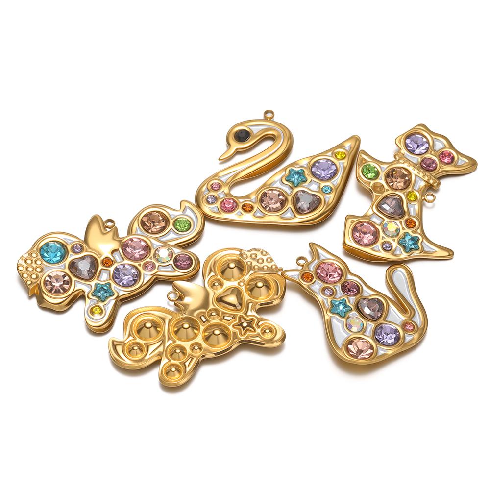 2Pcs Stainless Steel Zircon Animal Cat Dog Charms Swan Pendant DIY Jewelry Findings Sweater Necklace Bracelet Earrings Making