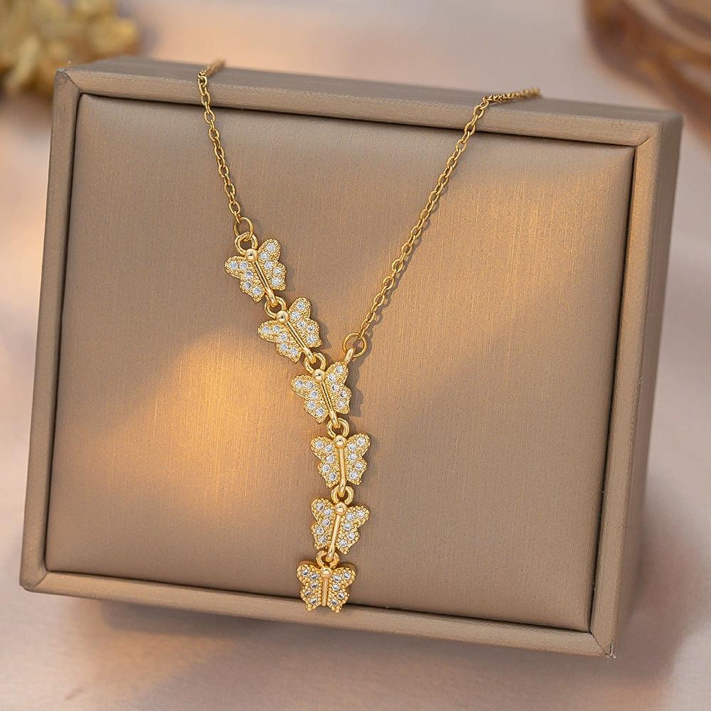 Female Crystal White Zircon Stone Butterfly Pendant Necklace Vintage Gold Color Wedding  For Women