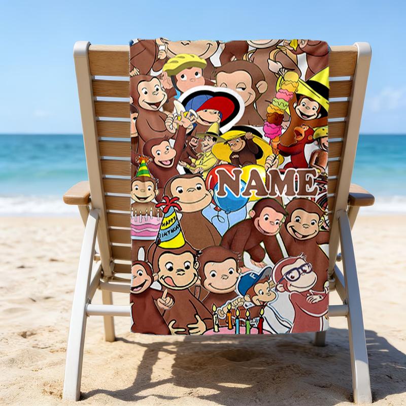 1pc Curious George1 Beach Towel with Custom Name, Beach/Swimming/Bath/Picnic/Camping Towel, Suitable for Seaside Beaches