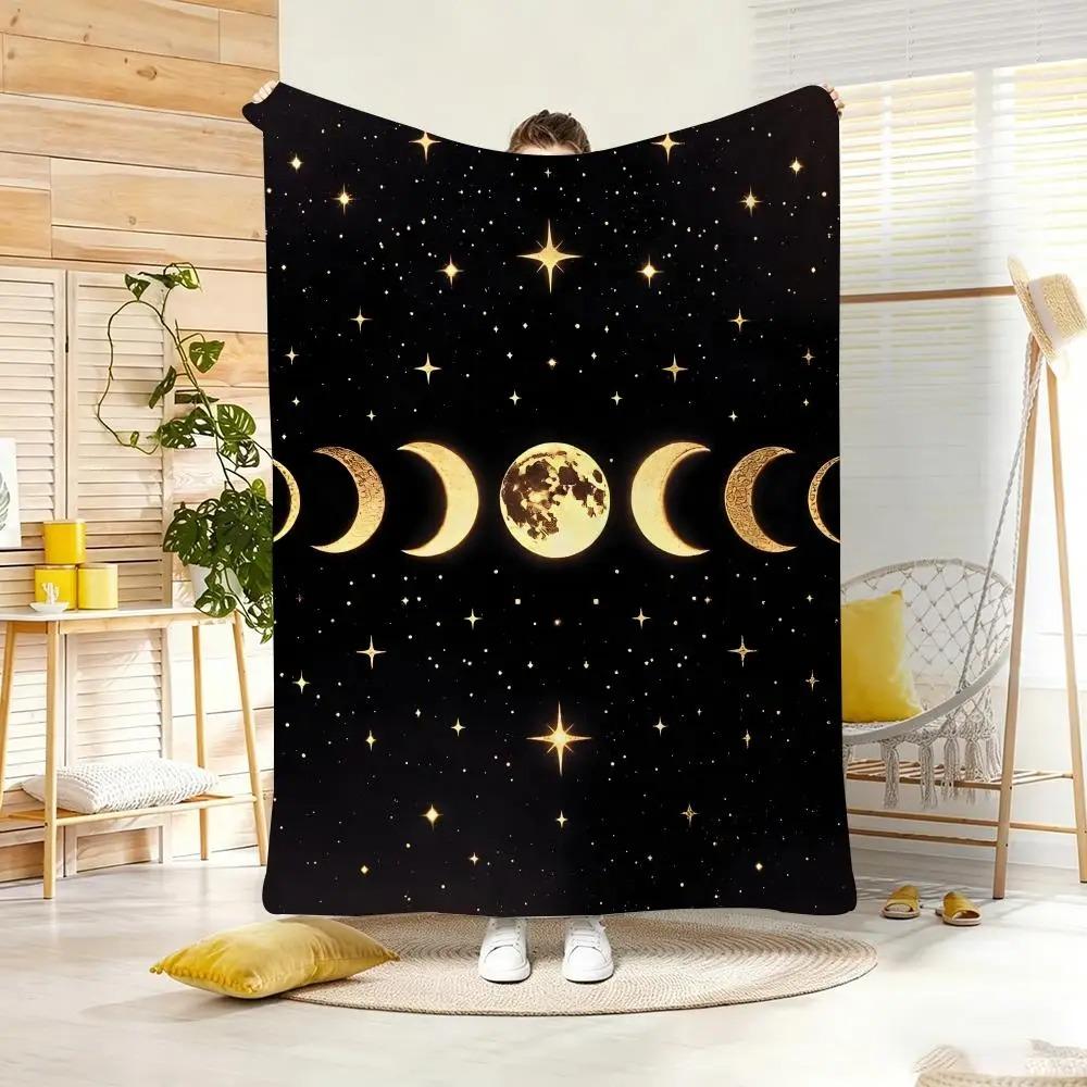 Vintage Moon Phases Throw Lightweight Flannel Blanket Soft Skin-friendly for Summer Cooling