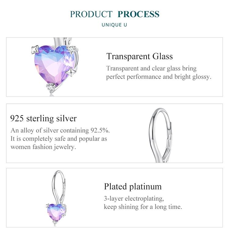 BAMOER 925 Sterling Silver Blue and Purple Gradual Changing Glass Heart Hoop Earrings for Women Sweet Romantic Jewelry