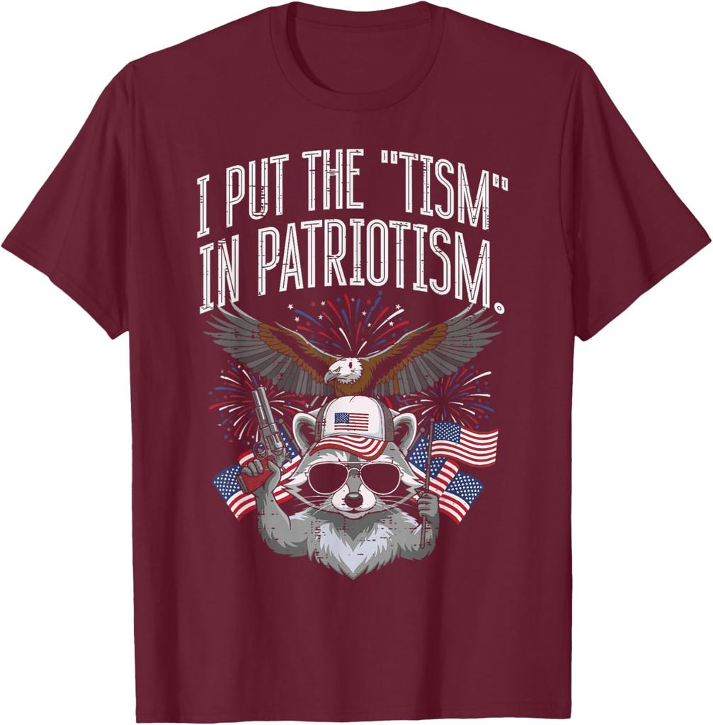 I Put The Tism In Patriotism Raccoon Funny Graphic Print Round Neck Cotton T Shirt Casual Tops