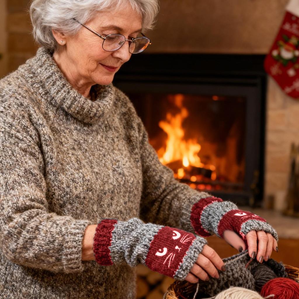 Winter Warme Handschuhe, Patchwork-Strickhandschuhe mit Katzenstickerei, Modische Fingerlose Freizeit-Damenhandschuhe, Neujahrsgeschenke
