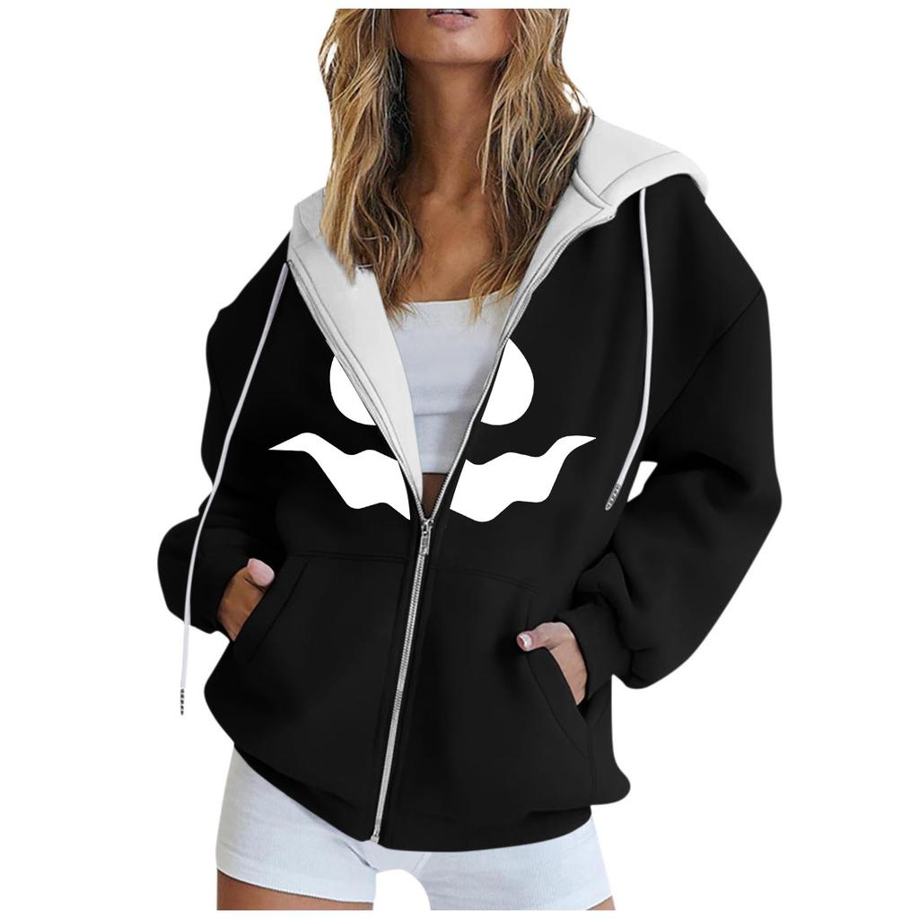 Women's Casual Fashion Halloween Smile Printed Long Sleeve Pullover Hoodies Zipper Sweatshirts Coat