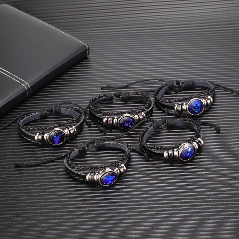 Twelve Constellations Leather Bracelet - Retro Korean Braided Design for Couples and Students