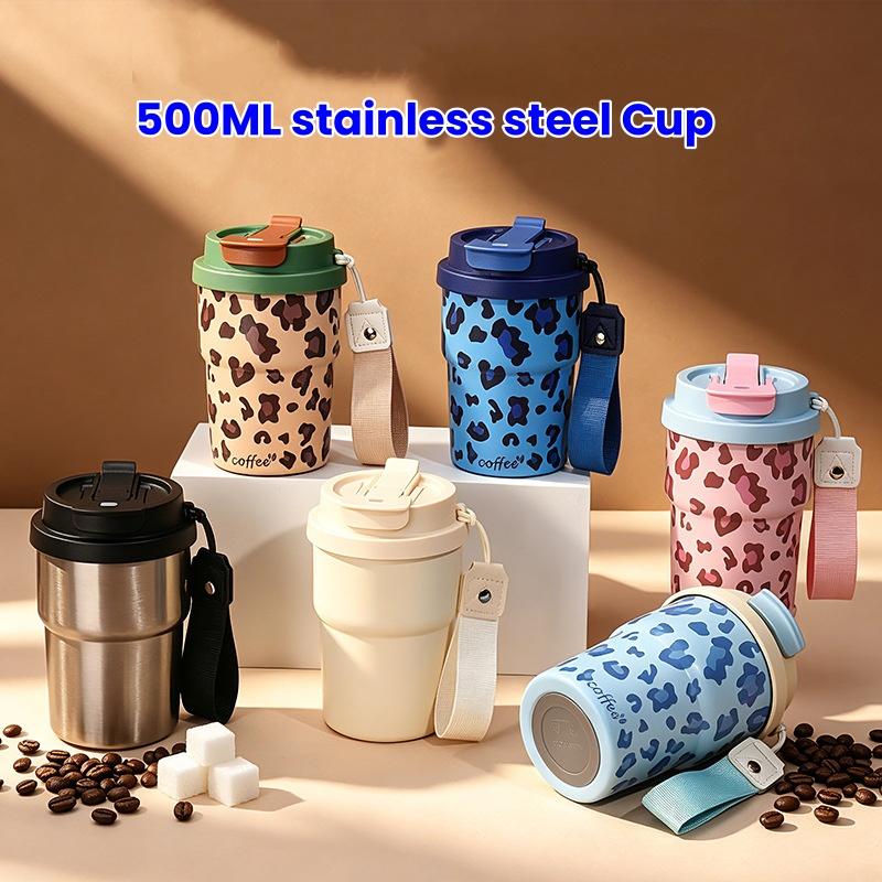 500ml Tragbarer Hochwertiger Wassertrinkbecher mit Leopardenmuster und Trageseil Mini-Autobecher 304 Edelstahl Isolierbecher