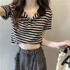 Top Polo Crop Negru și Alb cu Dungi pentru Femei, Mânecă Scurtă, Croială Slim Fit, Tricou