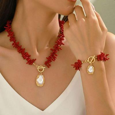 Red Coral & Imitation Baroque Pearl Pendant Choker /Bracelet Set Women's Bohemian Bold Tropical Charm Wedding Jewelry Set
