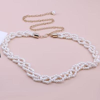 Women's Flower Waist Chain with Pearl Adjustable Length Elegant Multi-Layered Dress Belt for Women Accessory