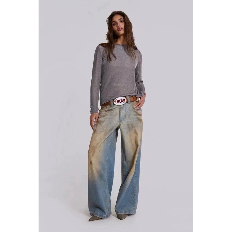 

Jaded London Европейский и американский гяру Грязное окрашивание Синие Широкие прямые джинсы Выцветшие Потертые Повседневные джинсы Blue M