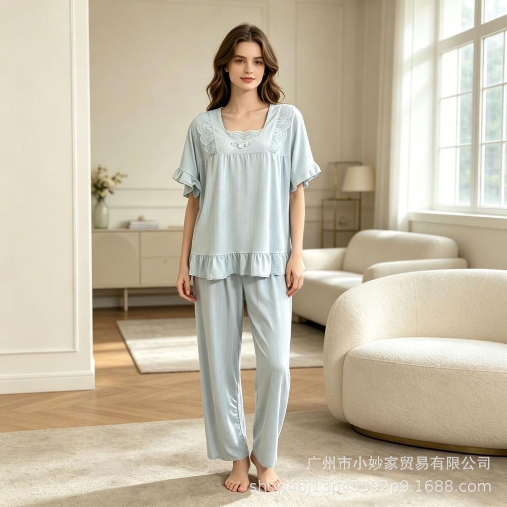 Popular women's pajamas set lace splicing lace solid color casual sweet loungewear
