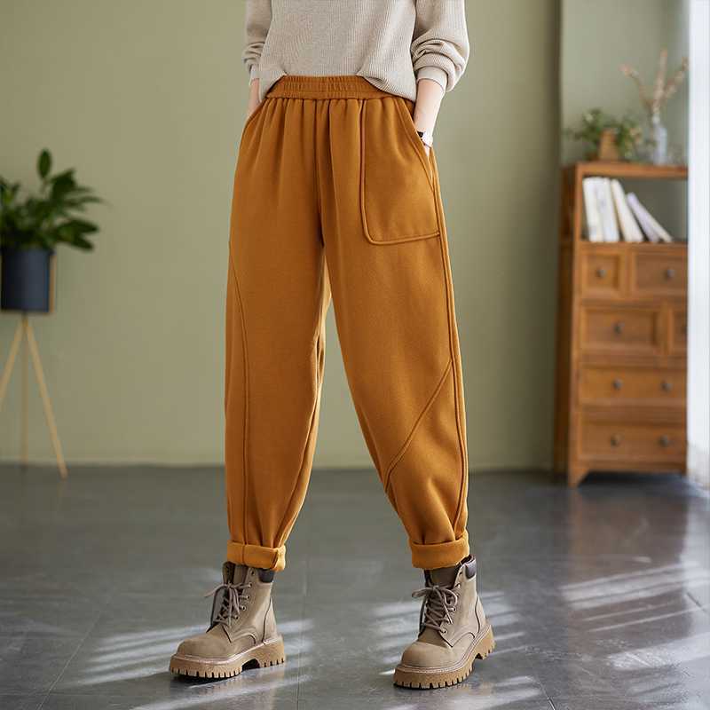 Women's Spring, Autumn Winter Thick Stitching Sweatpants, Casual Solid Color Elastic Waist, Outer Wear Trousers with Feet
