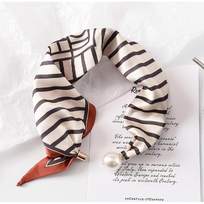 Women's Magnetic Buckle Neck Scarf Polka Dot Paisley Stripe Printed Thin Ribbon Scarf For Shirt Work Outfit Spring Summer Styling
