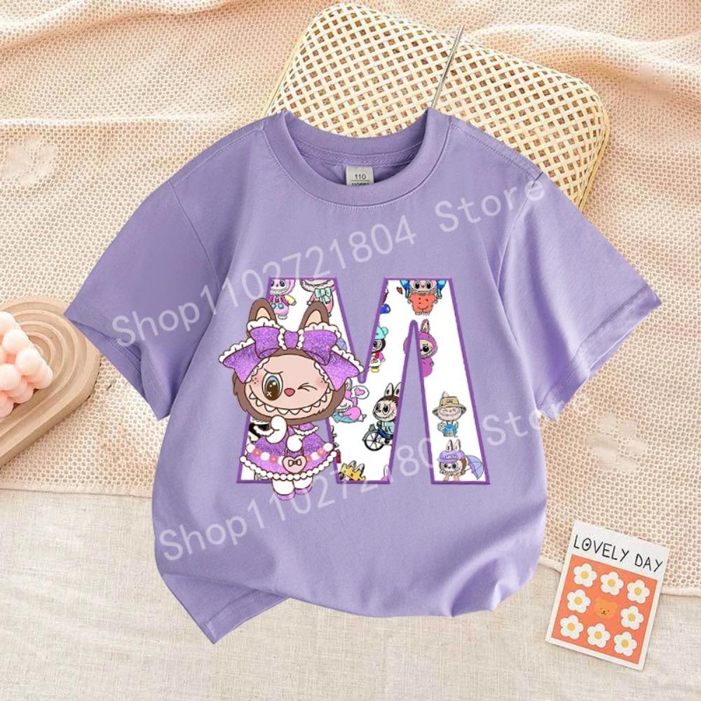 

Милая футболка с принтом букв Labubued, хлопок, лето, уличная одежда, короткий рукав, одежда для девочек, топ, мультяшная детская одежда, для малышей 110