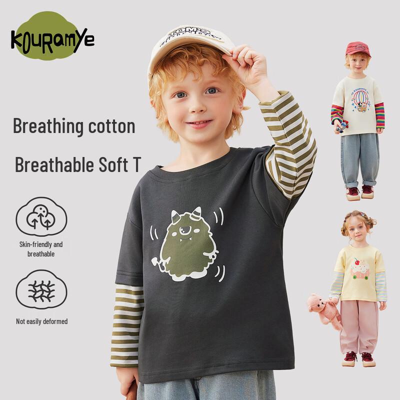 Kids  Spring Faux Two-Piece Cartoon Striped Long Sleeve T-Shirt 140