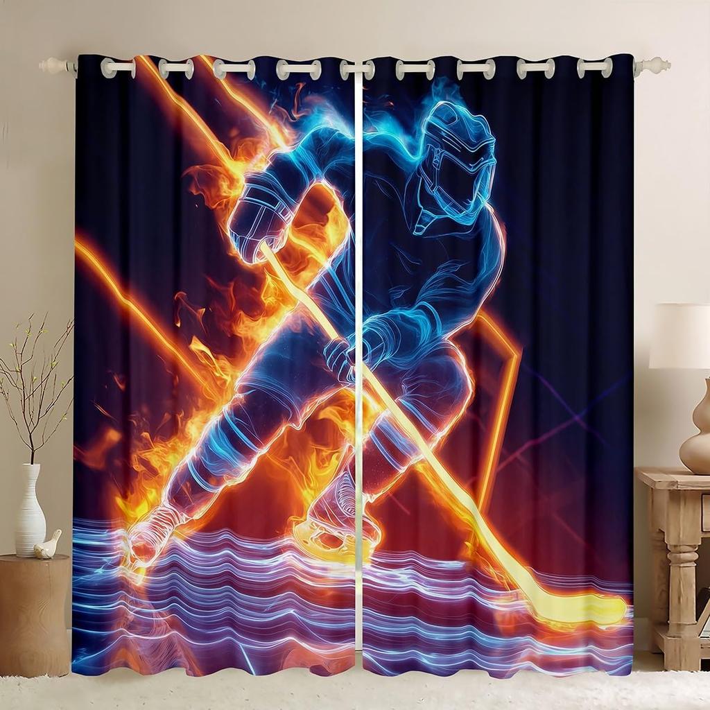 Ice Hockey Curtain Player Window Treatment Curtains Boys Teens Girls Room Winter Sports Game Event Made Of Polyester Washable