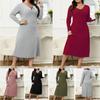 Spring New Large-size Dress V-neck Long-sleeved Solid Color, Fungus Edge Fashion Women's Clothing