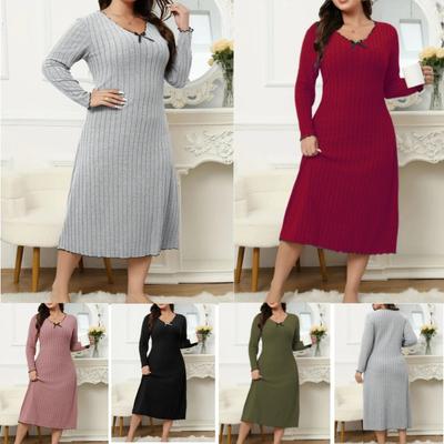 Frühling neues großes Kleid V-Ausschnitt langärmelig einfarbig, Pilzkanten Mode Damenbekleidung