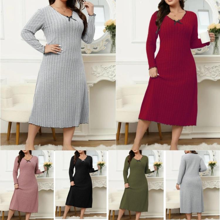 Women's V Neck Long Sleeve Midi Dress Loose Fit Mid Waist Solid Color Ribbed Knit Plus Size A Line Dress