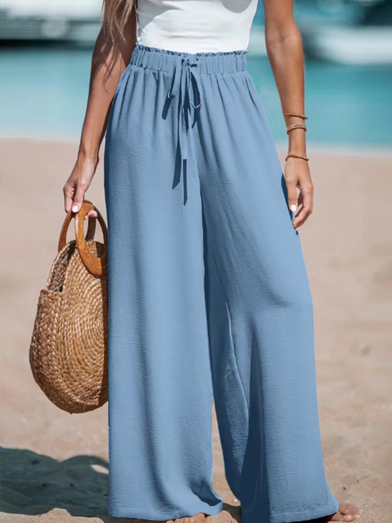 Women High Waist Wide Leg Pants Elastic Waist Loose Fit Drape Trousers Wrinkle Free Breathable Casual Summer Pants