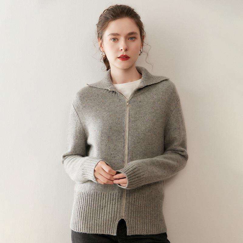 Women's Heavyweight Cashmere Dotted Knit Cardigan - High Neck, Long Sleeve, Zipper, Warm, Loose, Comfortable