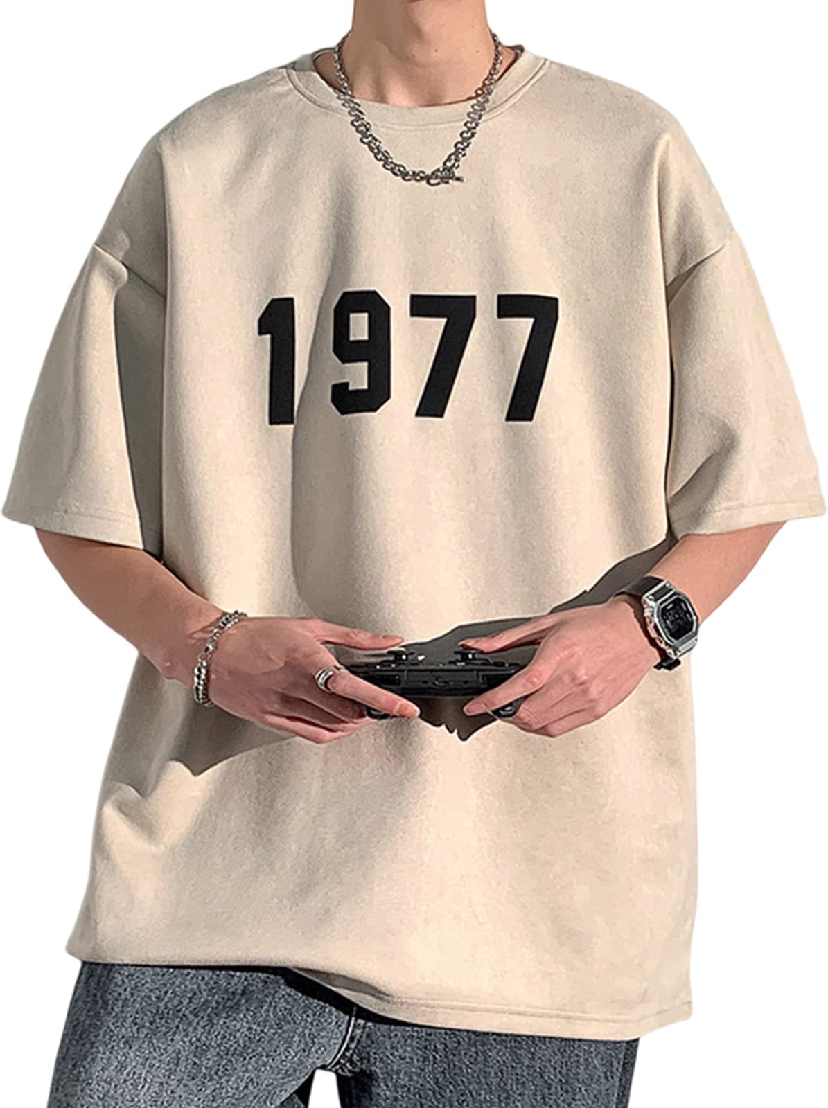 

Логотип для мужской футболки [Airby] из большого эластичного замшевого материала, свободного кроя, с коротким рукавом, с круглым вырезом, однотонной, повседневной, прохладной, размер, весна, лето, топ, стиль, посадка, рубашка, футболка, бежевый