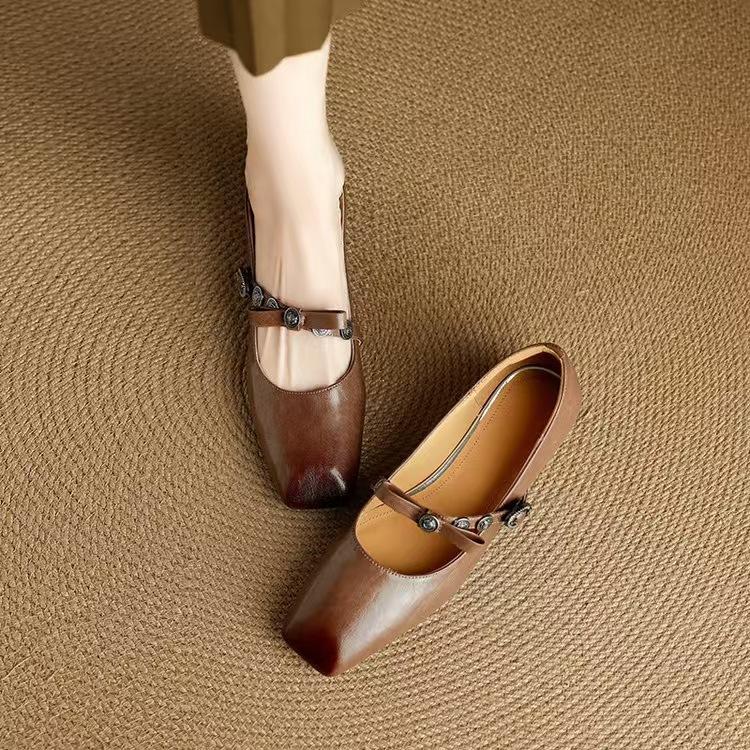 Beautiful spring small heel single shoes women's new low heel wedge Mary Jane shoes leather soft leather is not tired