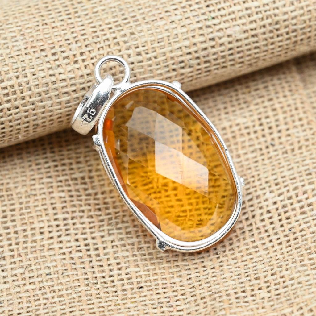 Faceted Honey Topaz Gemstone 925 Sterling Silver Handmade Antique Jewelry Pendant