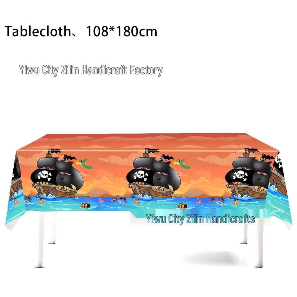Pirate Ship Birthday Party Tableware Set with Tablecloth, Banner, and Flags.