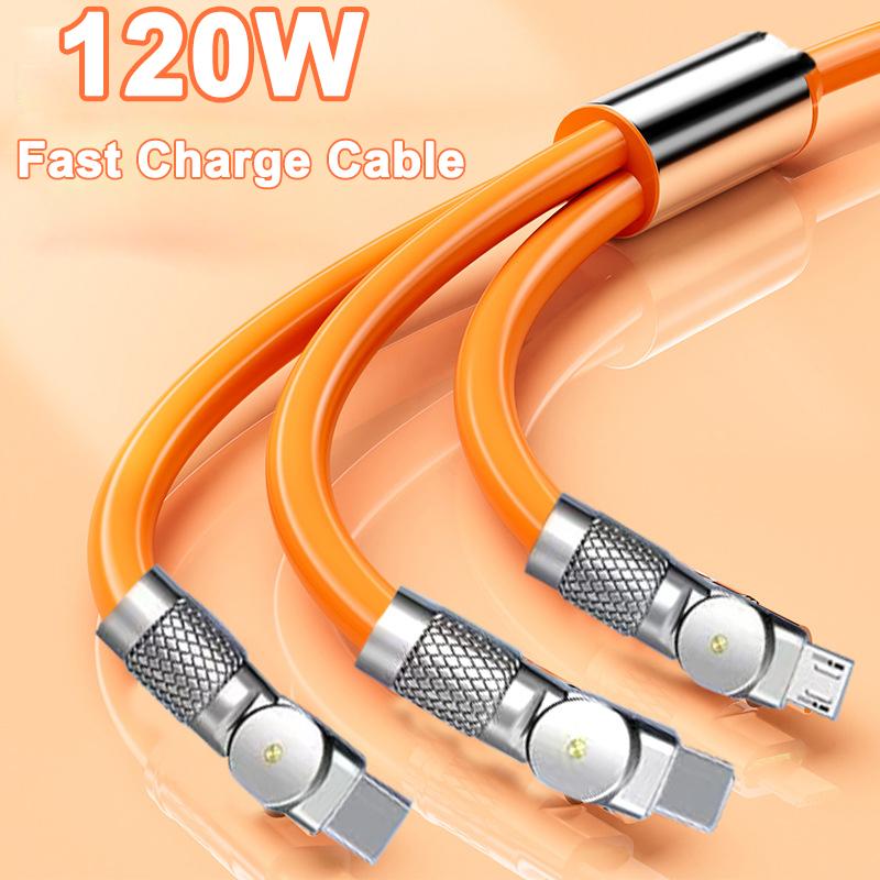 3 In 1 Elbow Fast Charge Cord 120W Micro USB Type-C Multiple USB Phone Cables Liquid Silicone For Xiaomi 13 Samsung IPhone 14 13